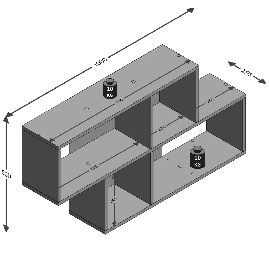 FMD Wandschap met 4 vakken betonkleurig en wit - AllerleiShop