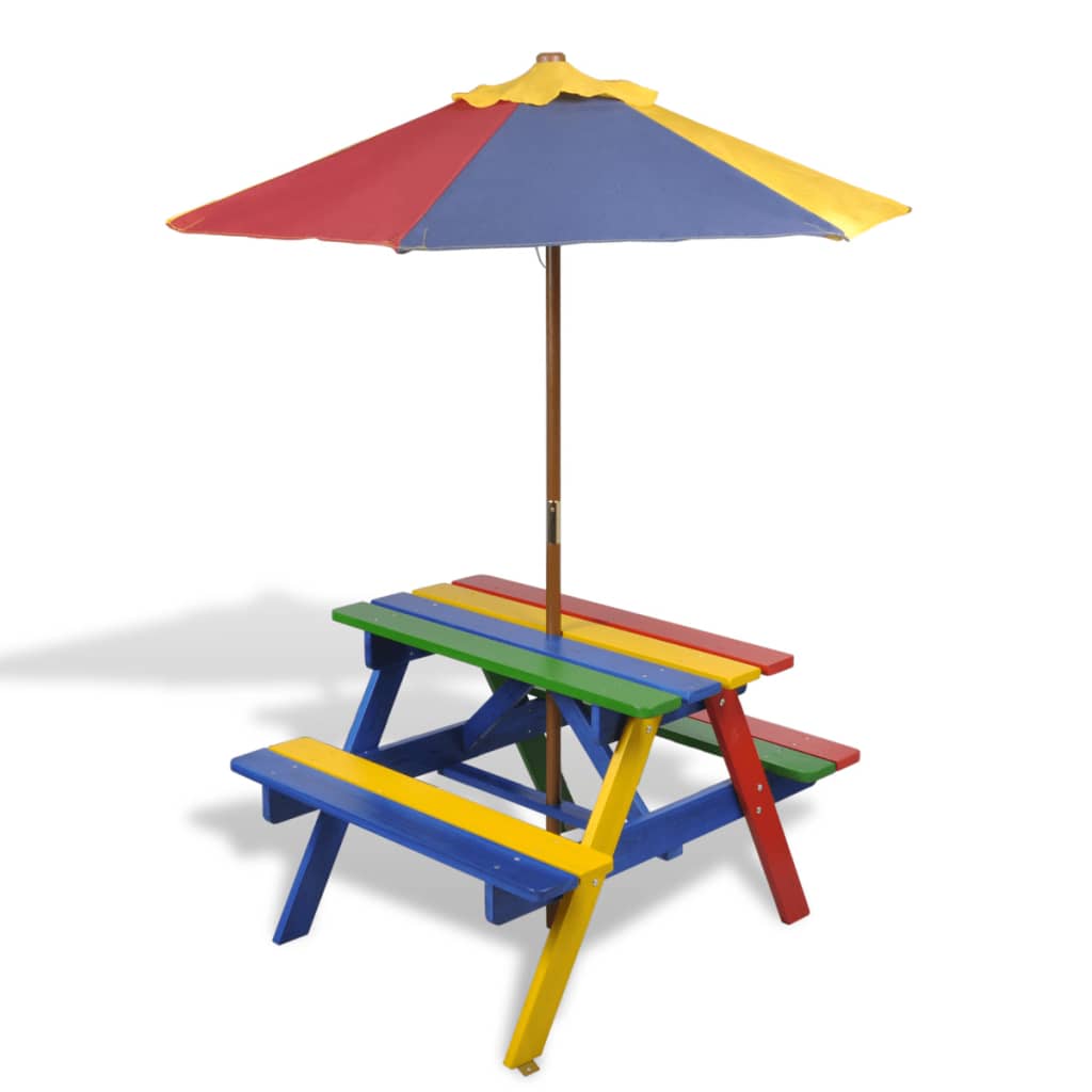 Kinderpicknicktafel met banken en parasol hout meerkleurig - AllerleiShop