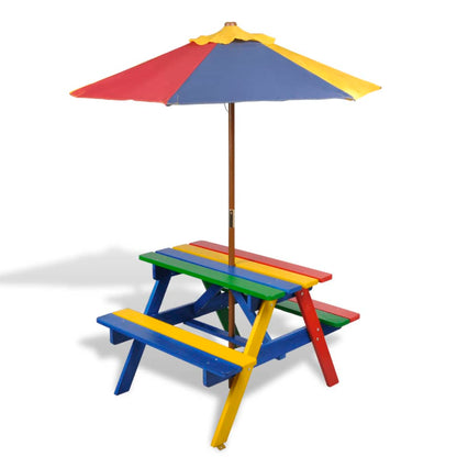 Kinderpicknicktafel met banken en parasol hout meerkleurig - AllerleiShop