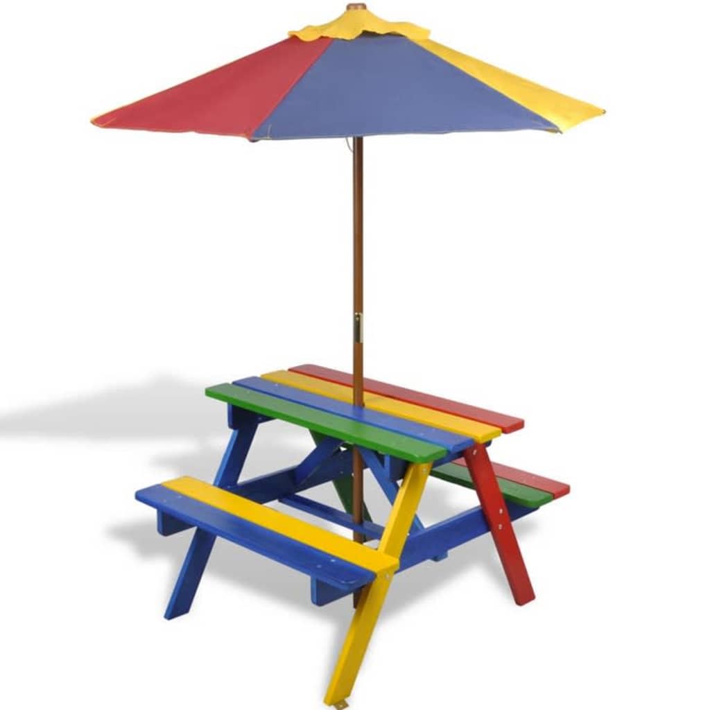 Kinderpicknicktafel met banken en parasol hout meerkleurig - AllerleiShop