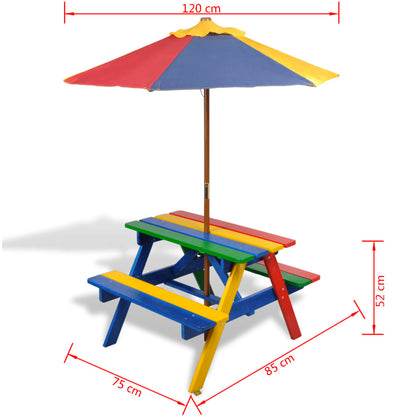 Kinderpicknicktafel met banken en parasol hout meerkleurig - AllerleiShop