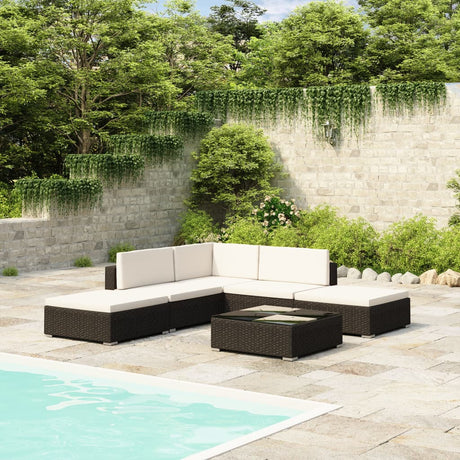 6-delige Loungeset met kussens poly rattan zwart - AllerleiShop