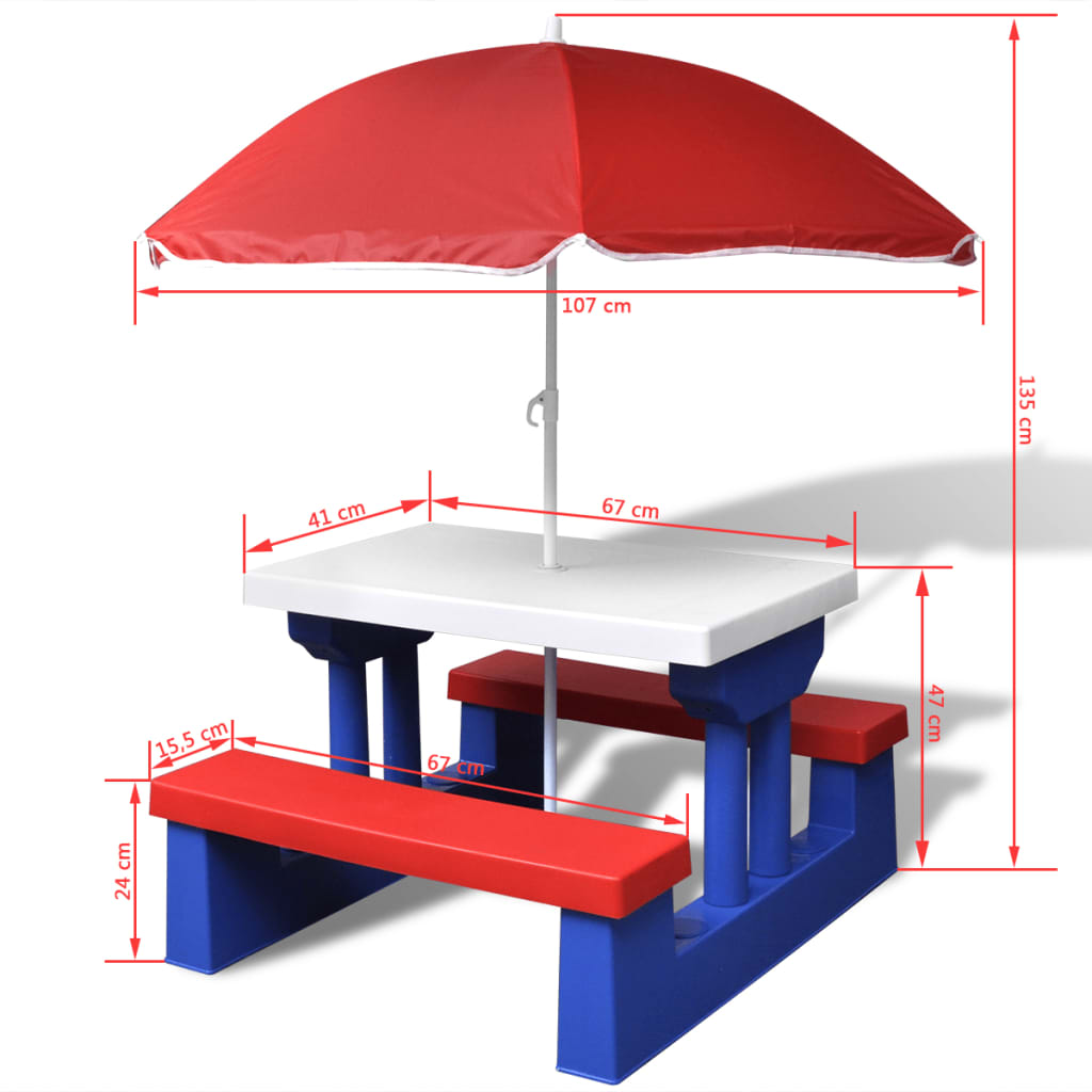 Kinderpicknicktafel met banken en parasol meerkleurig - AllerleiShop