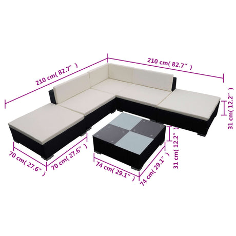 6-delige Loungeset met kussens poly rattan zwart - AllerleiShop