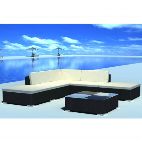 6-delige Loungeset met kussens poly rattan zwart - AllerleiShop