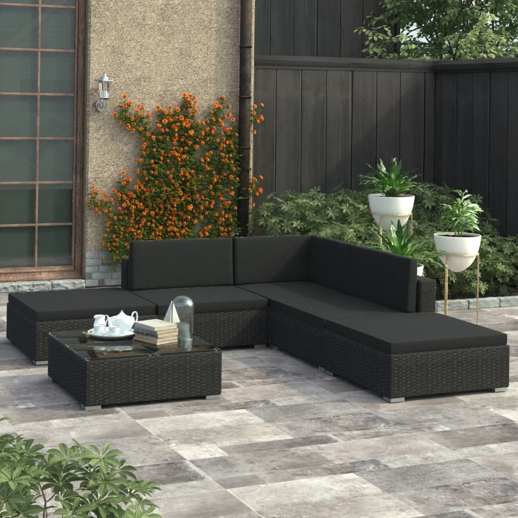 6-delige Loungeset met kussens poly rattan zwart - AllerleiShop