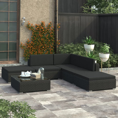 6-delige Loungeset met kussens poly rattan zwart - AllerleiShop