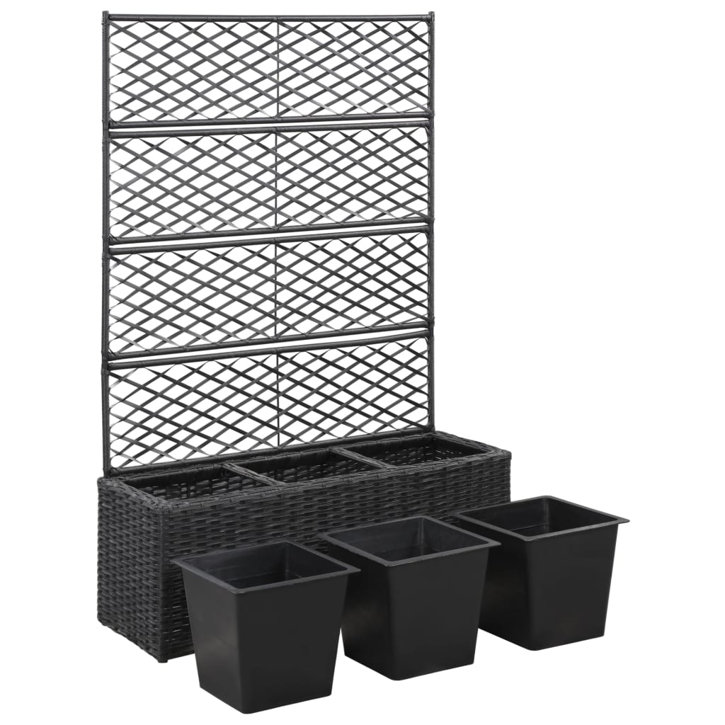 Latwerkplantenbak verhoogd met potten 83x30x130 cm rattan zwart - AllerleiShop