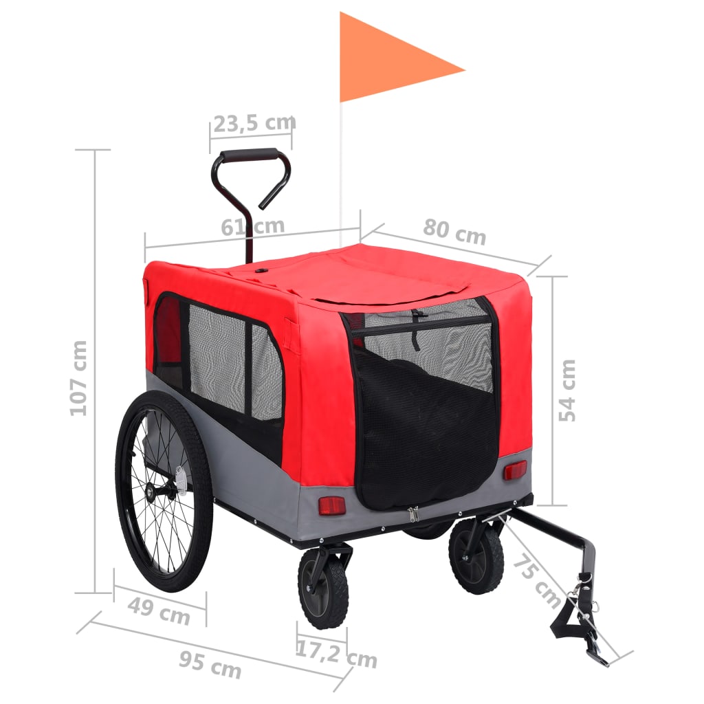 Fietstrailer en hondenwagen 2-in-1 rood en grijs