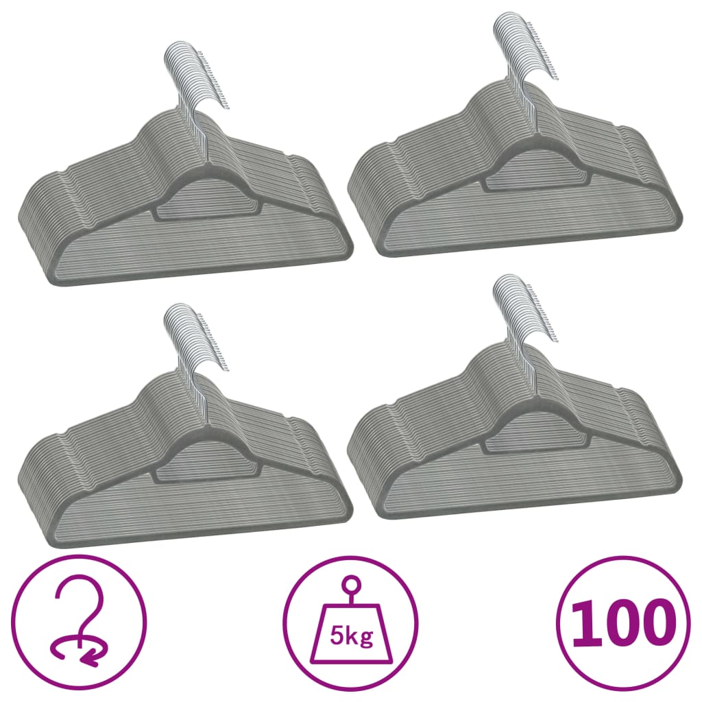 100-delige Kledinghangerset anti-slip fluweel grijs