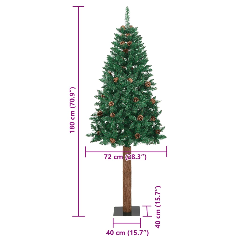 Kerstboom met echt hout en dennenappels smal 180 cm PVC groen - AllerleiShop