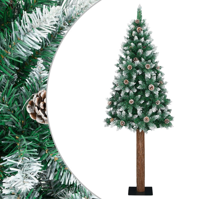 Kerstboom met echt hout en sneeuw smal 210 cm groen - AllerleiShop