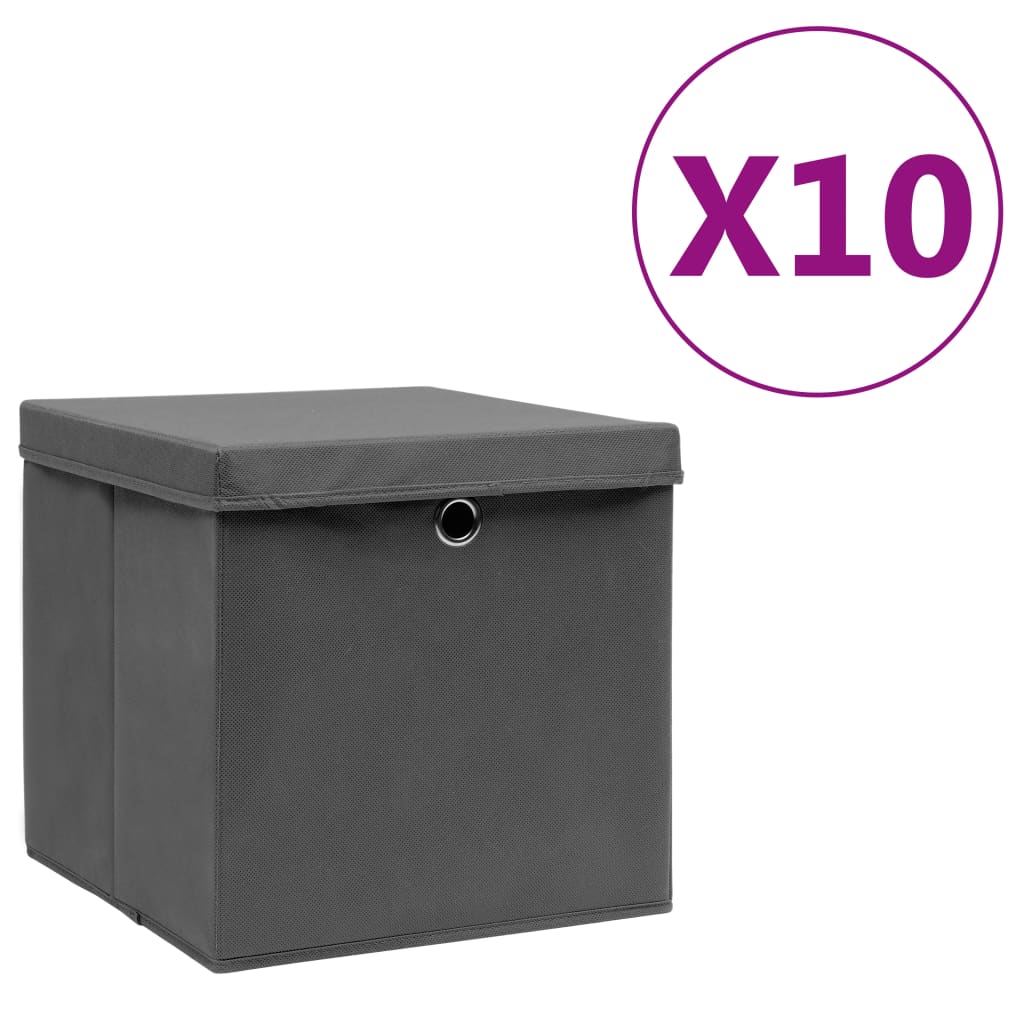 Opbergboxen met deksel 10 st 28x28x28 cm grijs - AllerleiShop