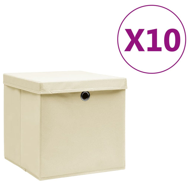 Opbergboxen met deksel 10 st 28x28x28 cm crèmekleurig - AllerleiShop