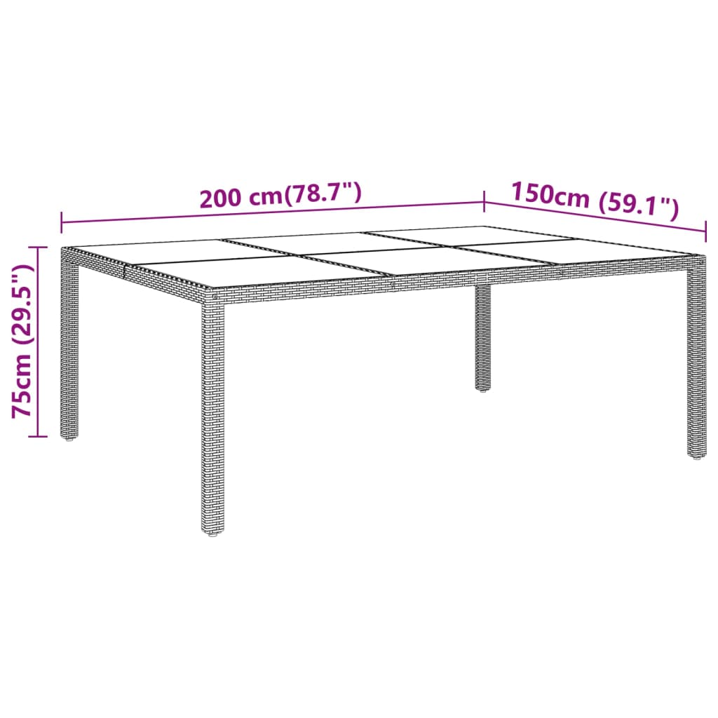 Tuintafel 200x150x75 cm gehard glas en poly rattan zwart - AllerleiShop