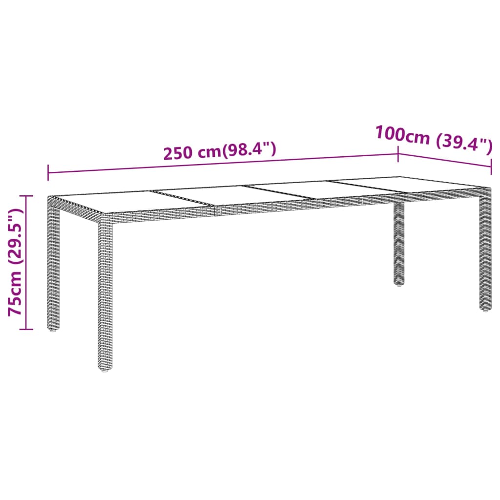 Tuintafel 250x100x75 cm gehard glas en poly rattan zwart - AllerleiShop