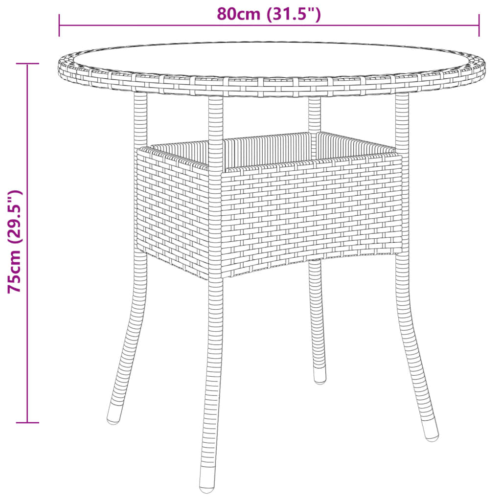 Tuintafel Ø80x75 cm gehard glas en poly rattan bruin - AllerleiShop