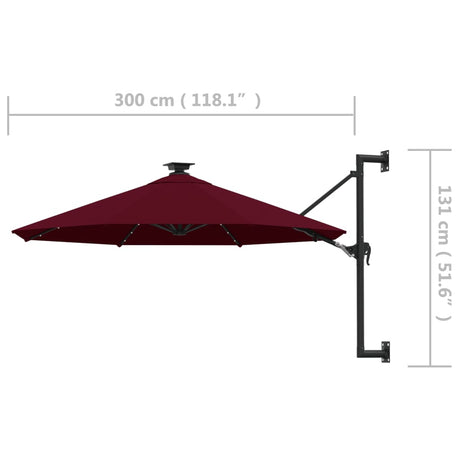 Wandparasol met LED's 300 cm bordeauxrood - AllerleiShop