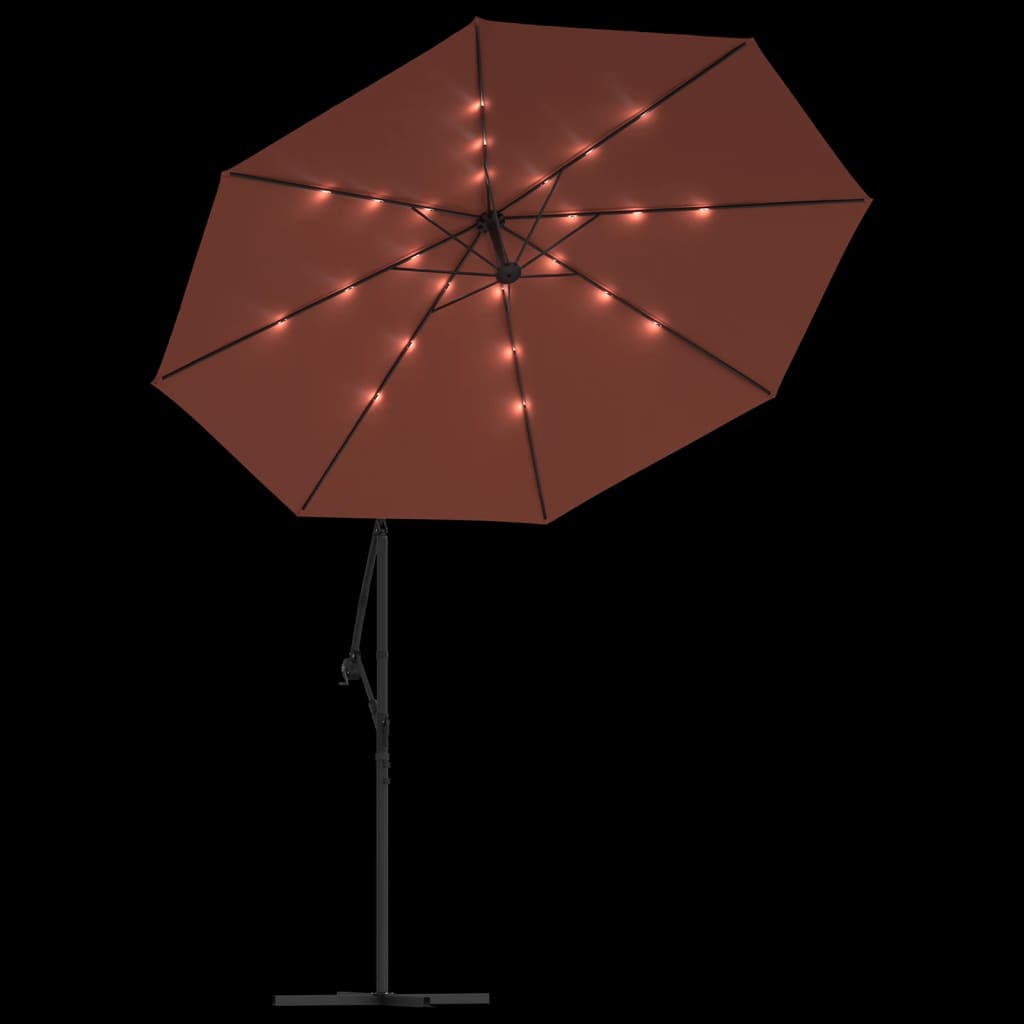 Zweefparasol met LED-verlichting en stalen paal terracottakleur