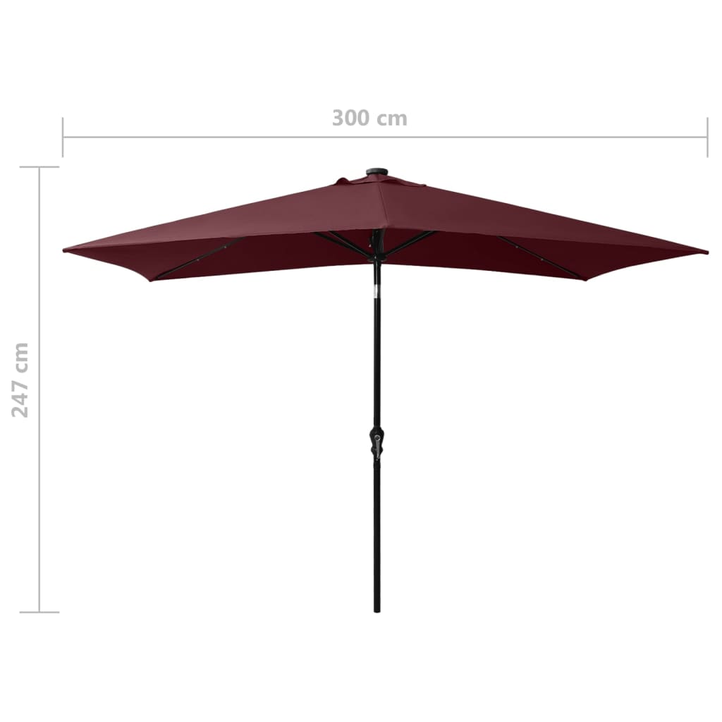 Parasol met LED's en stalen paal 2x3 m bordeauxrood