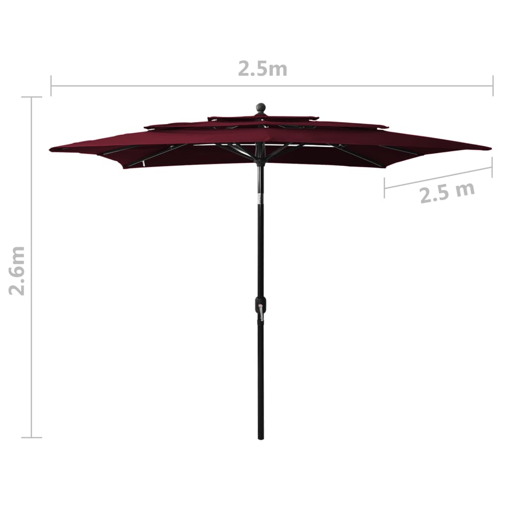 Parasol 3-laags met aluminium paal 2,5x2,5 m bordeauxrood