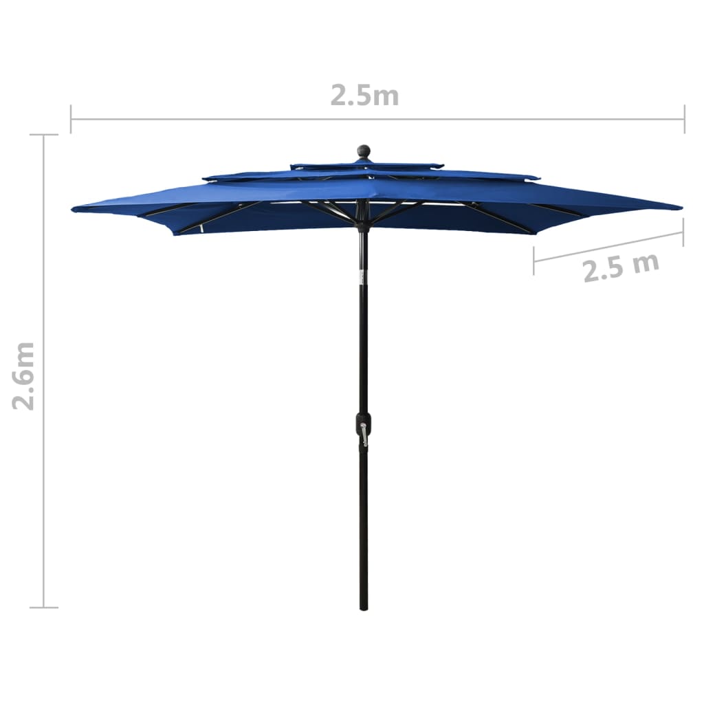 Parasol 3-laags met aluminium paal 2,5x2,5 m azuurblauw