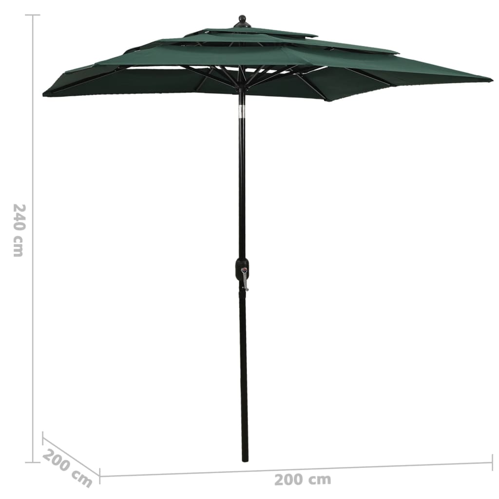 Parasol 3-laags met aluminium paal 2x2 m groen