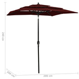 Parasol 3-laags met aluminium paal 2x2 m bordeauxrood