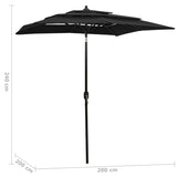 Parasol 3-laags met aluminium paal 2x2 m zwart