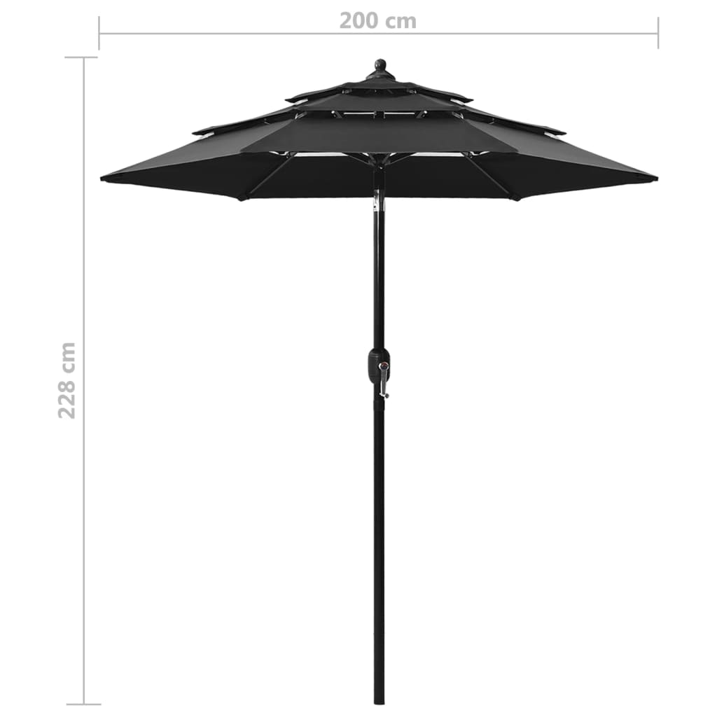 Parasol 3-laags met aluminium paal 2 m zwart