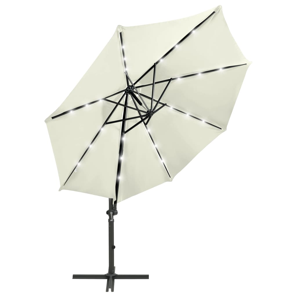 Zweefparasol met paal en LED-verlichting 300 cm zandkleurig