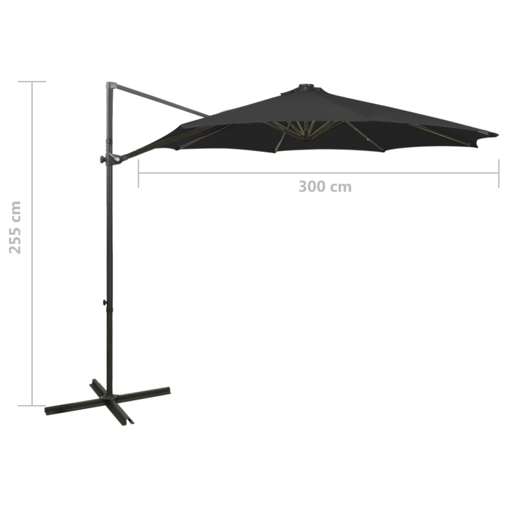 Zweefparasol met paal en LED-verlichting 300 cm zwart