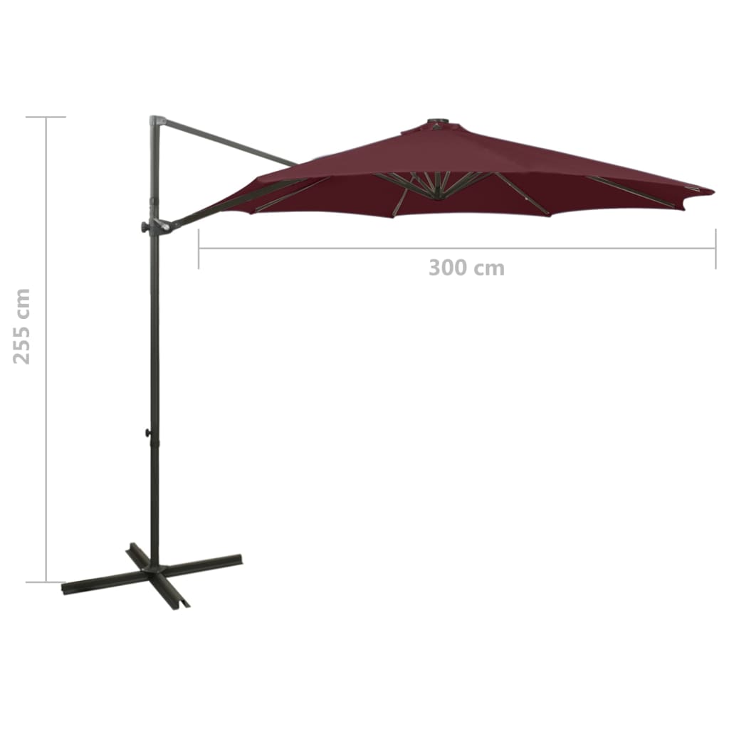 Zweefparasol met paal en LED-verlichting 300 cm bordeauxrood