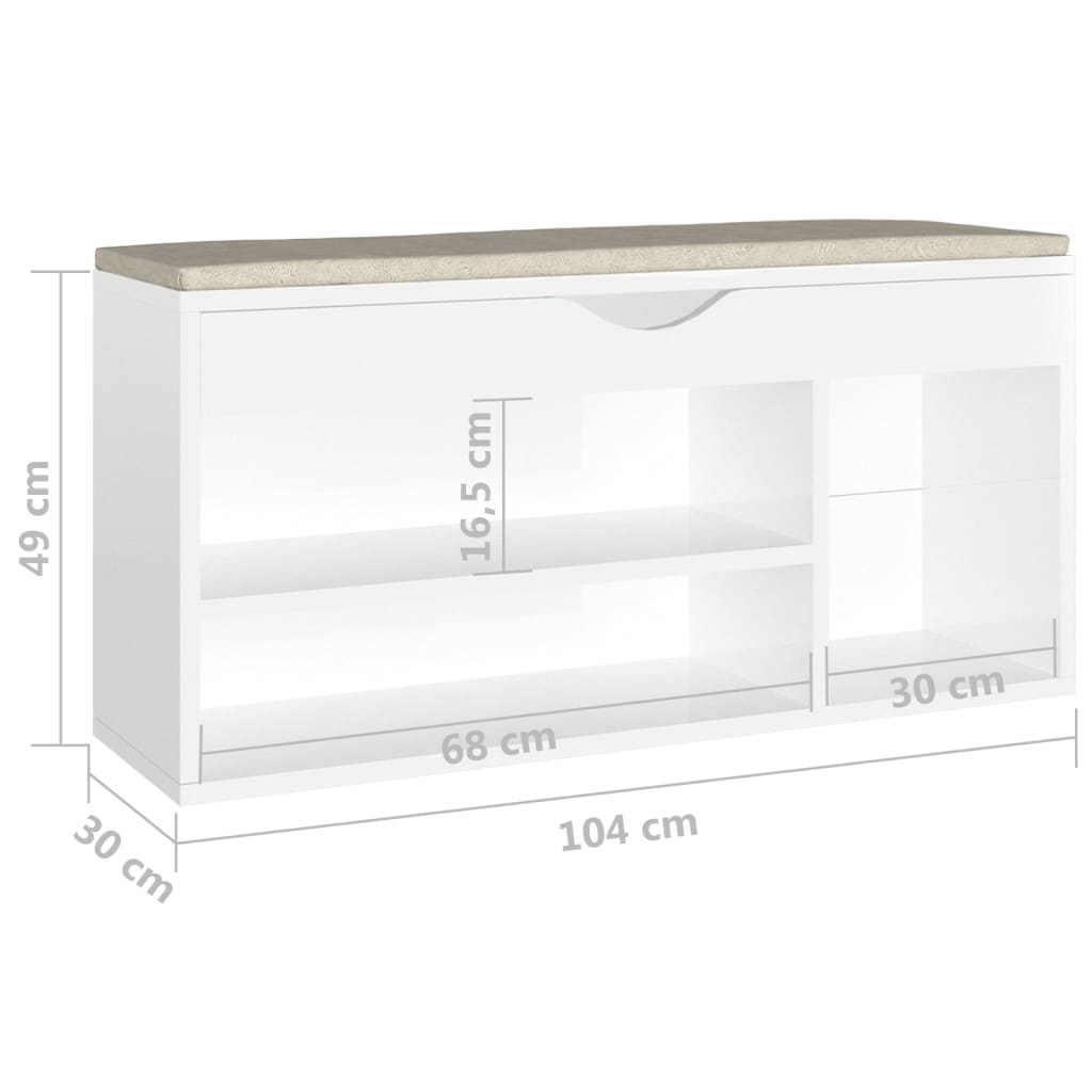 Schoenenbank met kussen 104x30x49 cm bewerkt hout hoogglans wit - AllerleiShop