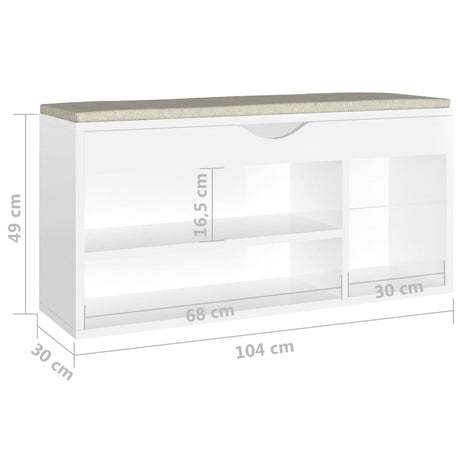 Schoenenbank met kussen 104x30x49 cm bewerkt hout hoogglans wit - AllerleiShop