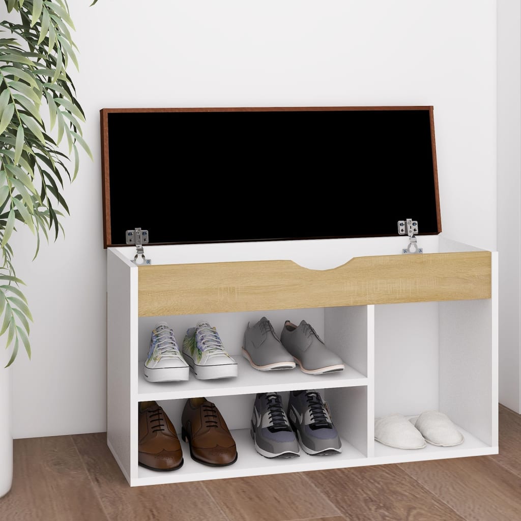 Schoenenbank met kussen 80x30x47 cm hout wit sonoma eiken - AllerleiShop