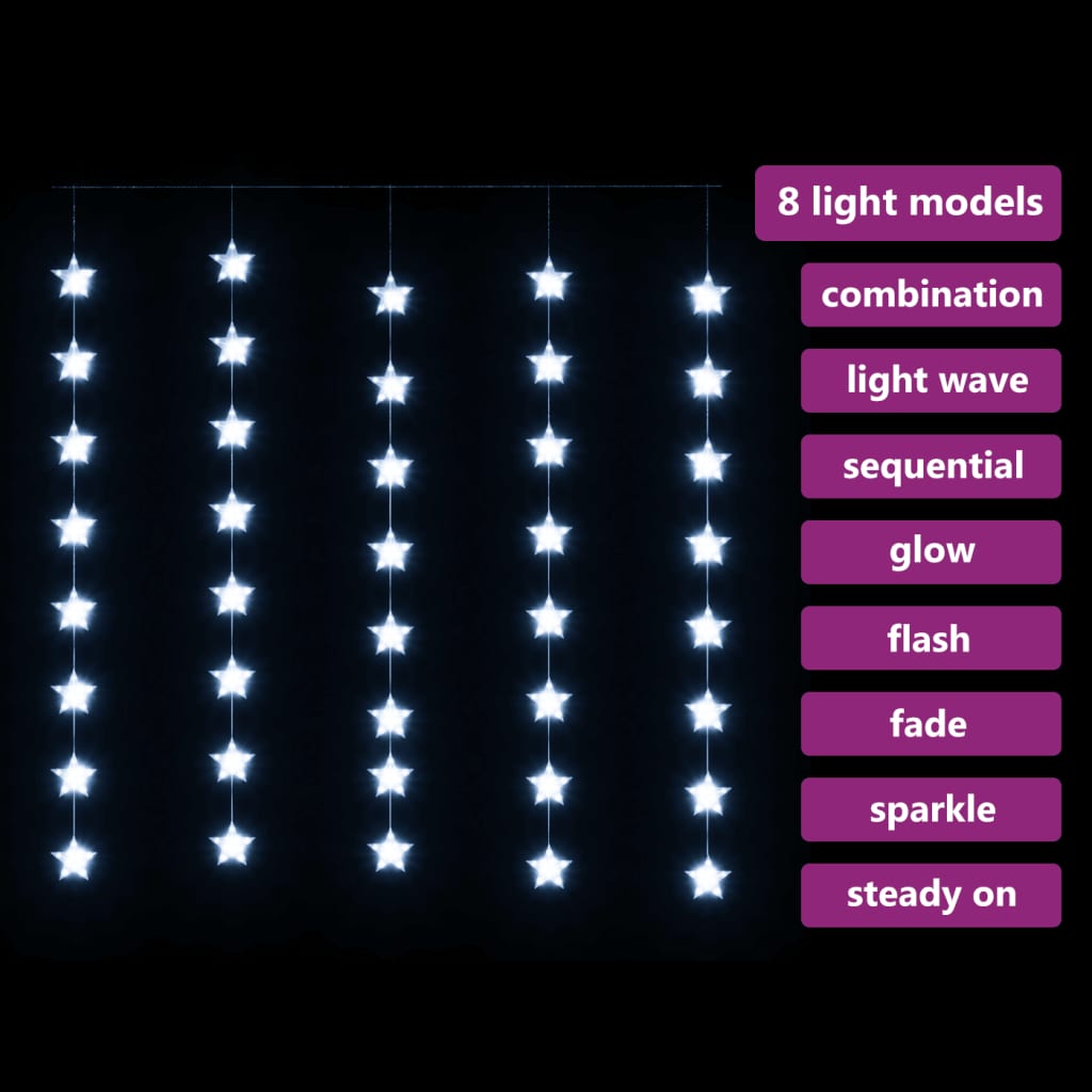 Lichtsnoergordijn sterren met 200 LED's en 8 functies koudwit - AllerleiShop