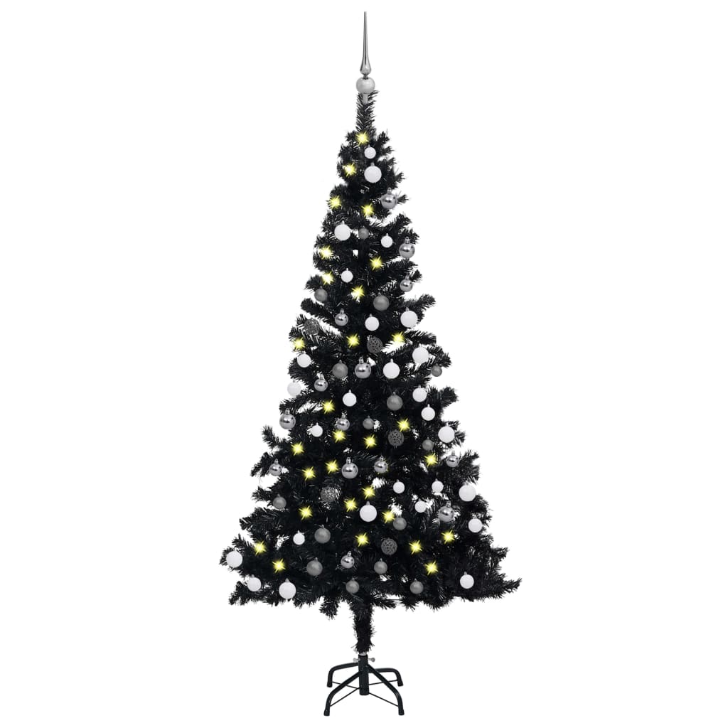 Kunstkerstboom met verlichting en kerstballen 150 cm PVC zwart - AllerleiShop