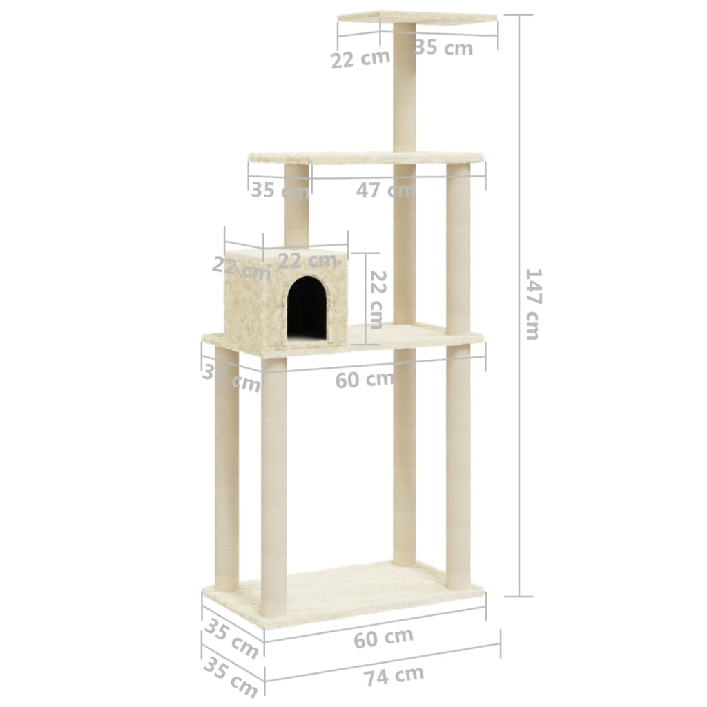 Kattenkrabpaal met sisal krabpalen 147 cm crèmekleurig