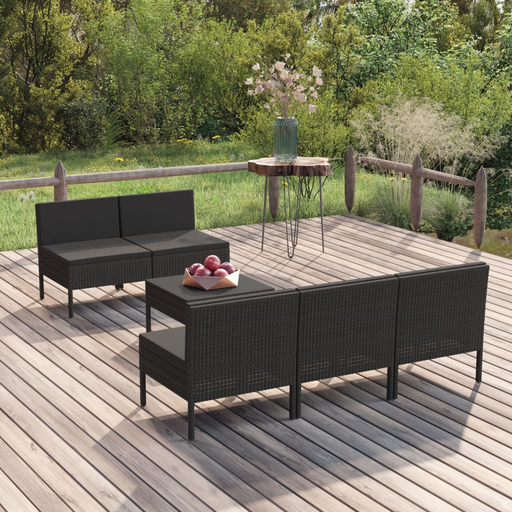 6-delige Loungeset met kussens poly rattan zwart - AllerleiShop