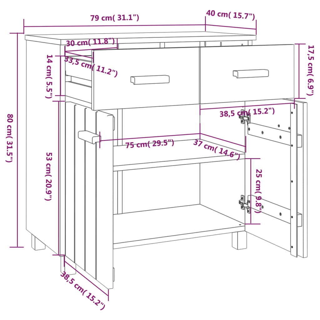 Dressoir HAMAR 79x40x80 cm massief grenenhout honingbruin - AllerleiShop