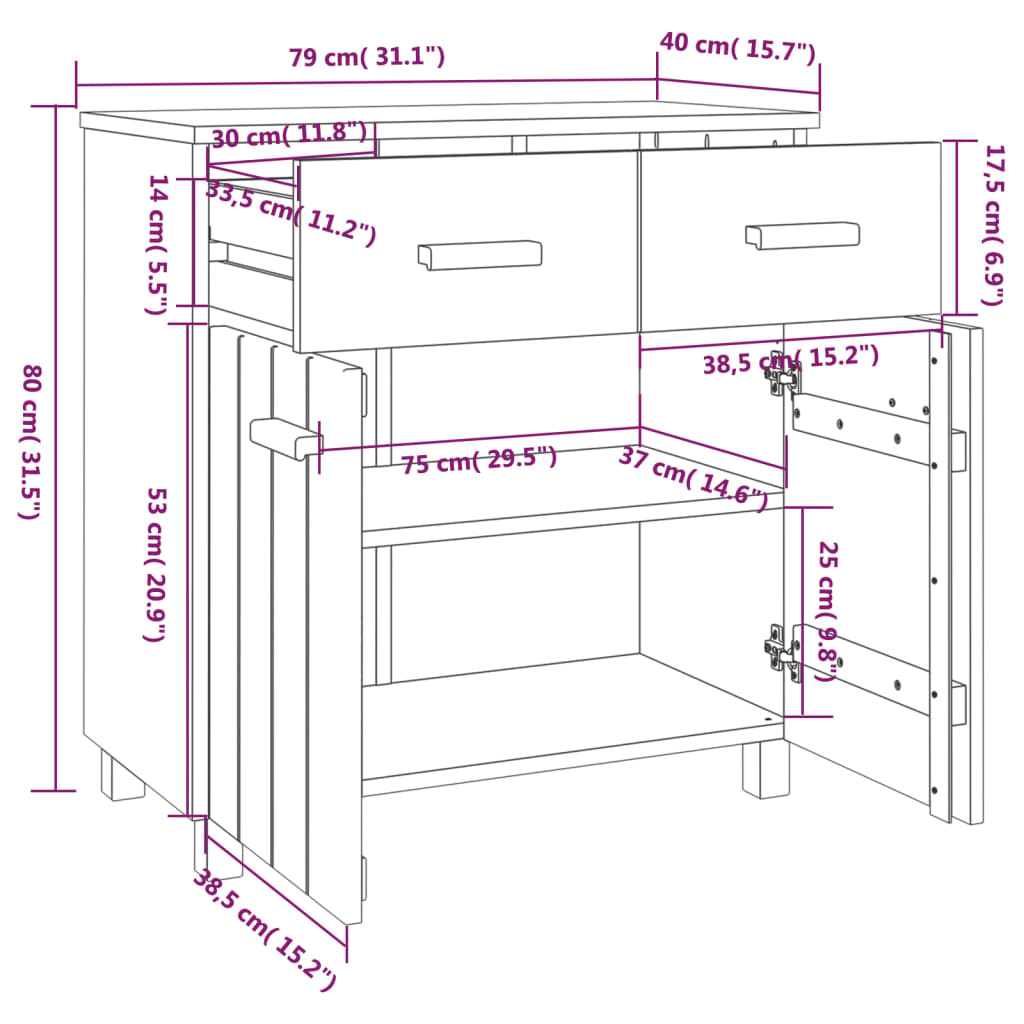 Dressoir HAMAR 79x40x80 cm massief grenenhout lichtgrijs - AllerleiShop