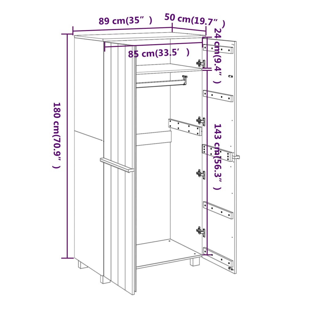 Kledingkast HAMAR 89x50x180 cm massief grenenhout honingbruin - AllerleiShop