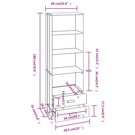 Hoge kast HAMAR 60x35x180 cm massief grenenhout honingbruin - AllerleiShop