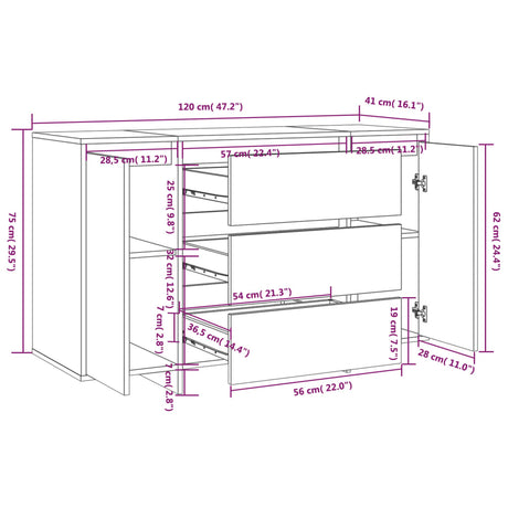 Dressoir met 3 lades 120x41x75 cm bewerkt hout hoogglans wit - AllerleiShop