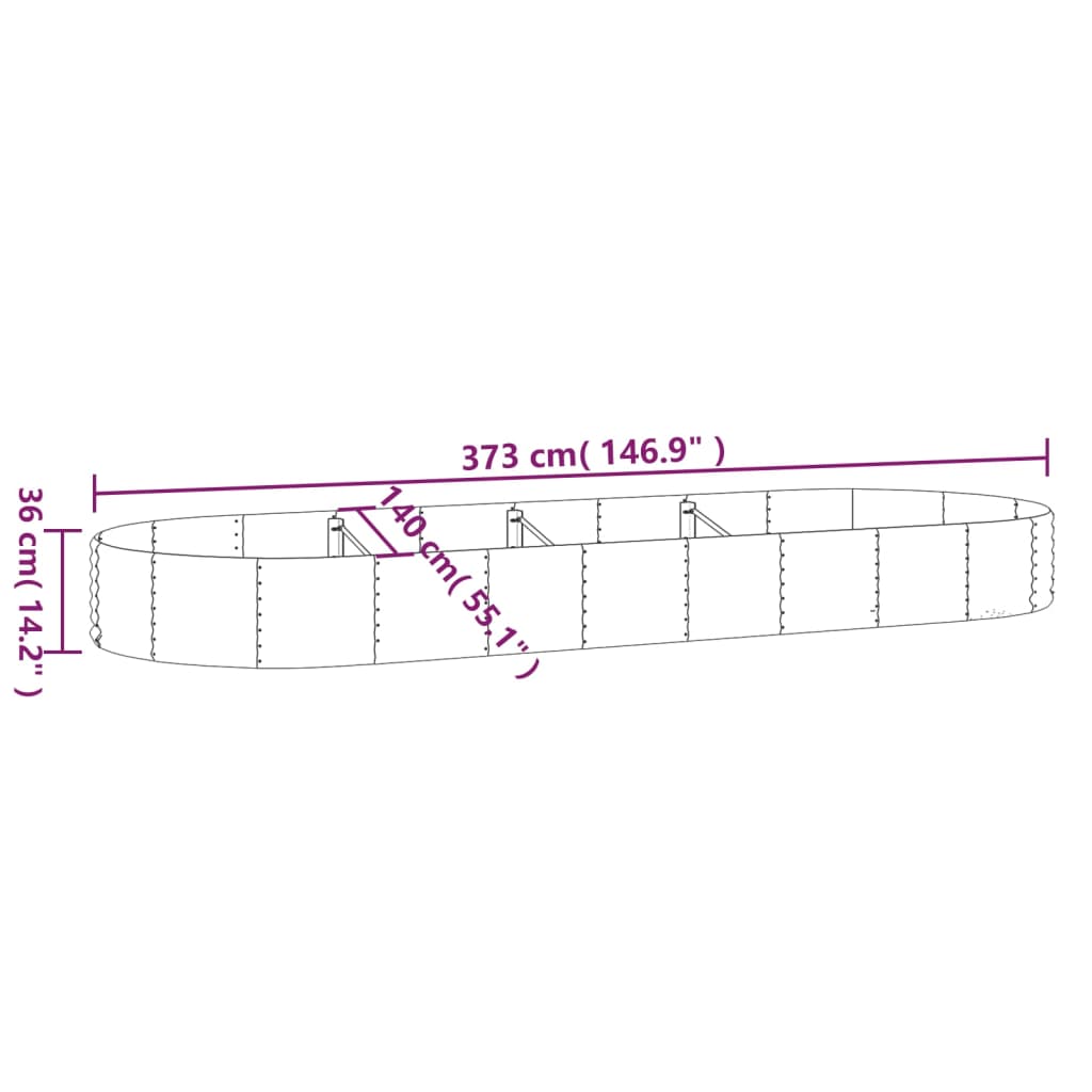 Plantenbak 373x140x36 cm gepoedercoat staal zilverkleurig