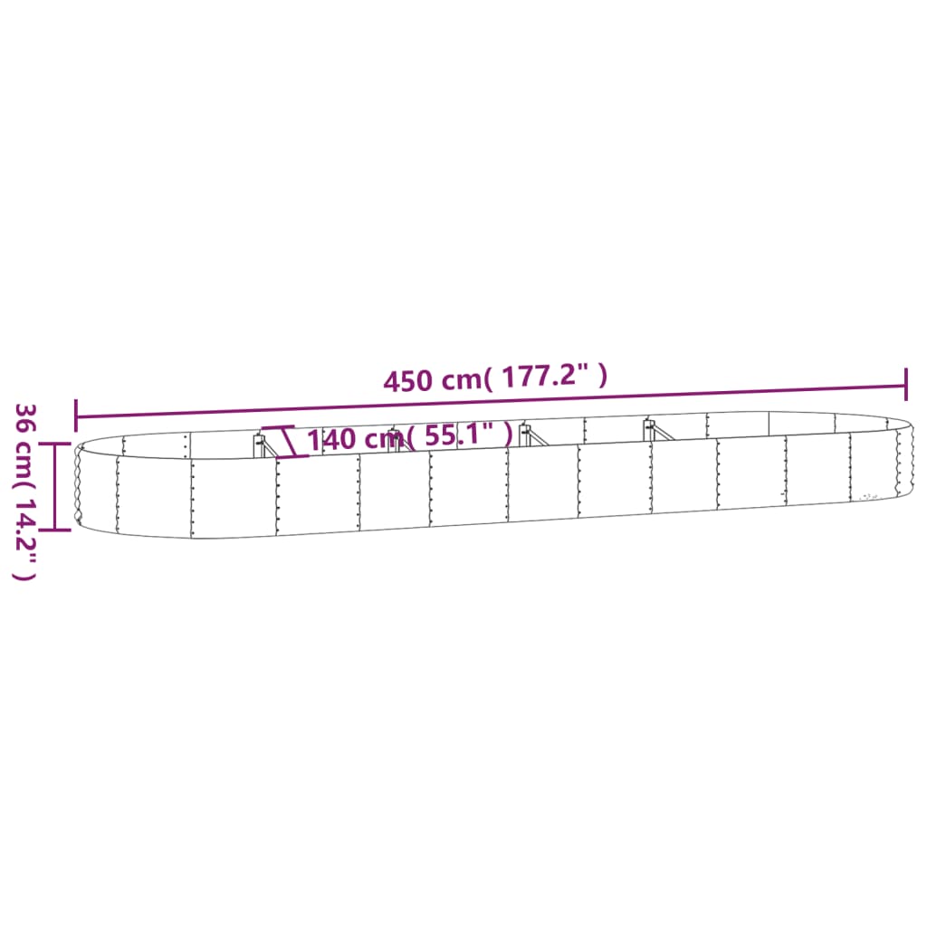 Plantenbak 450x140x36 cm gepoedercoat staal grijs