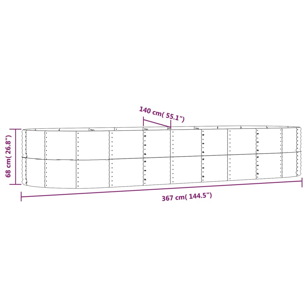 Plantenbak 367x140x68 cm gepoedercoat staal zilverkleurig