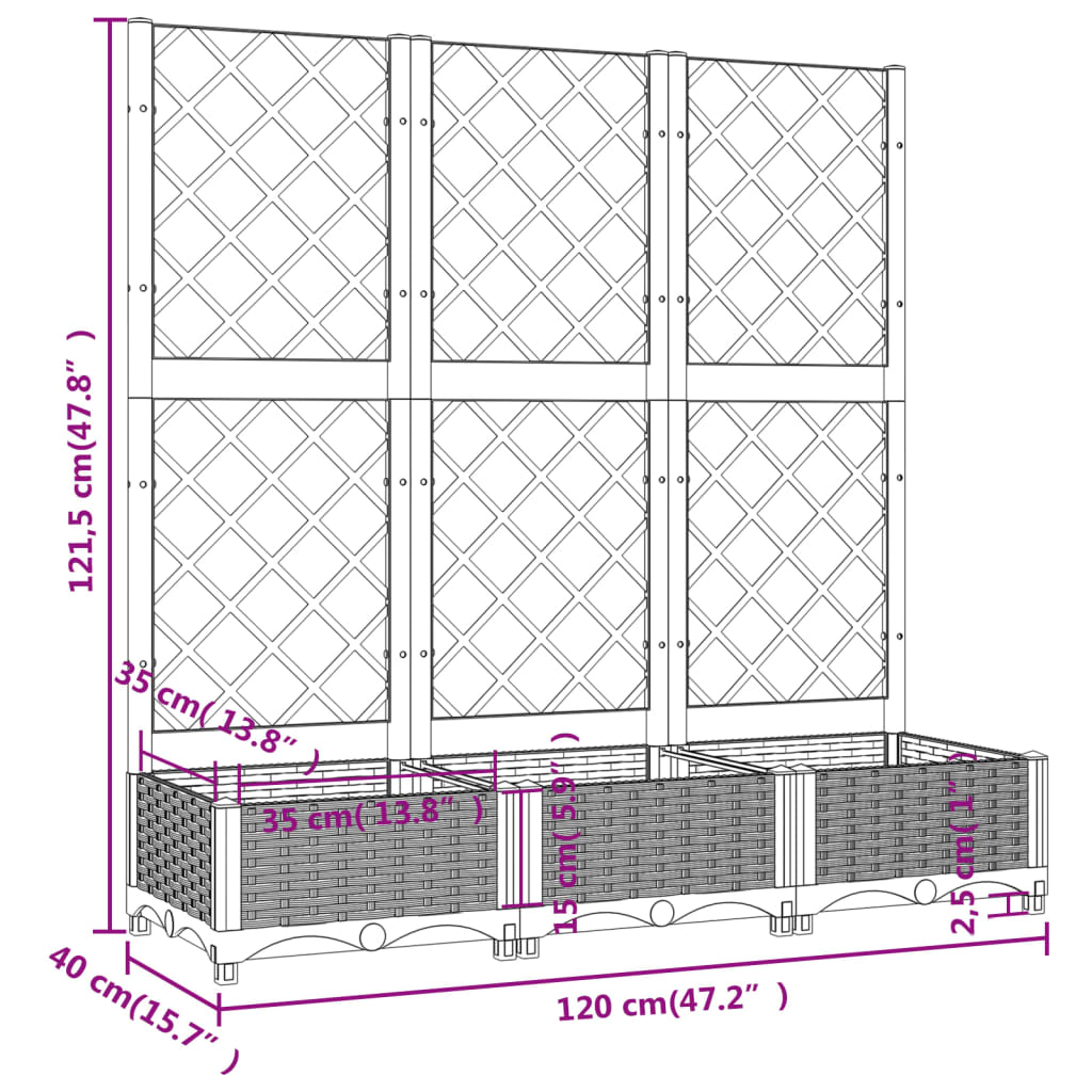 Plantenbak met latwerk 120x40x121,5 cm polypropeen donkergrijs