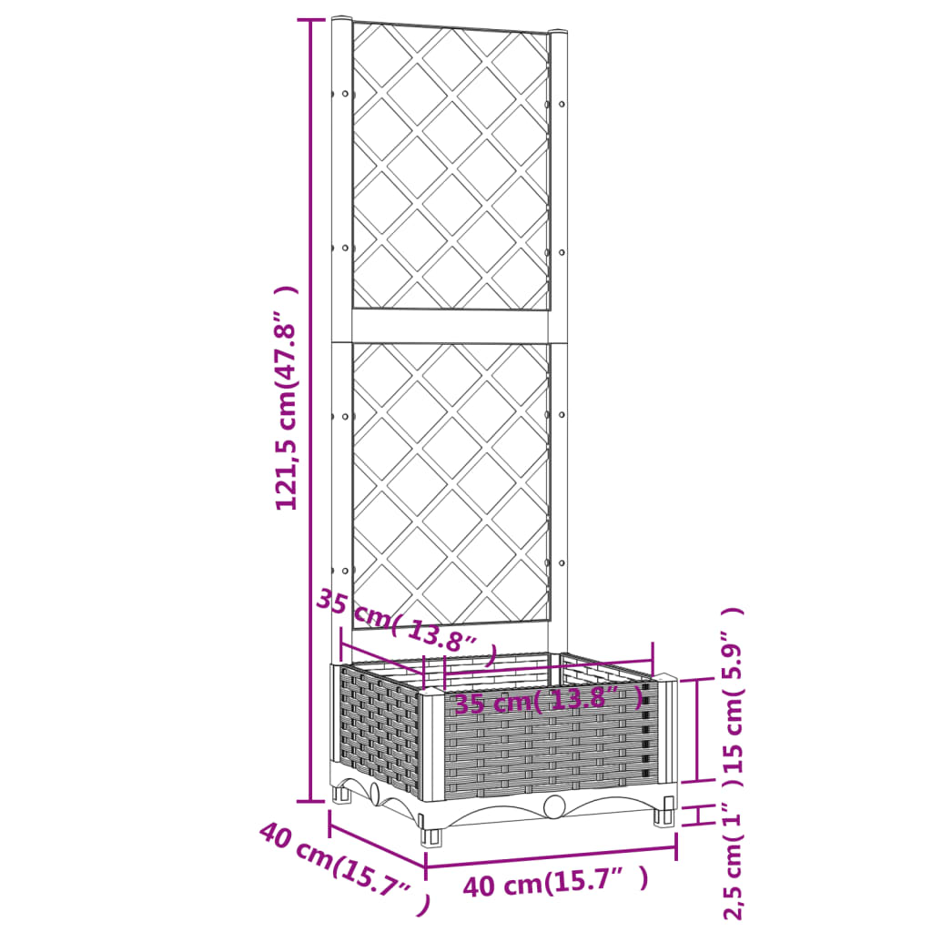 Plantenbak met latwerk 40x40x121,5 cm polypropeen bruin